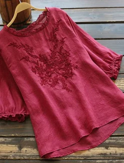Women's Shirt Linen Shirt Blouse Cotton Linen Shirts Solid Color Fashion Round Neck Street Daily Embroidered White Yellow Red Green Khaki Summer Women Shirts