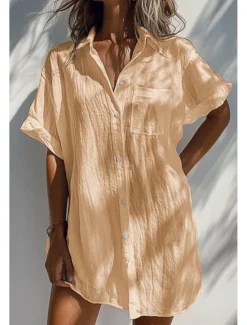 Women's Shirt Linen-Inspired Shirts Button Up Blouse Plain Basic Casual Short Sleeve Shirt Collar Long Tops Daily Holiday Buttons Pocket White Orange Green Apricot Light Blue Summer Women Shirts