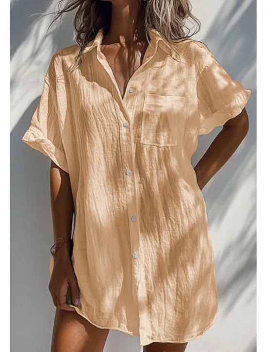 Women's Shirt Linen-Inspired Shirts Button Up Blouse Plain Basic Casual Short Sleeve Shirt Collar Long Tops Daily Holiday Buttons Pocket White Orange Green Apricot Light Blue Summer Women Shirts