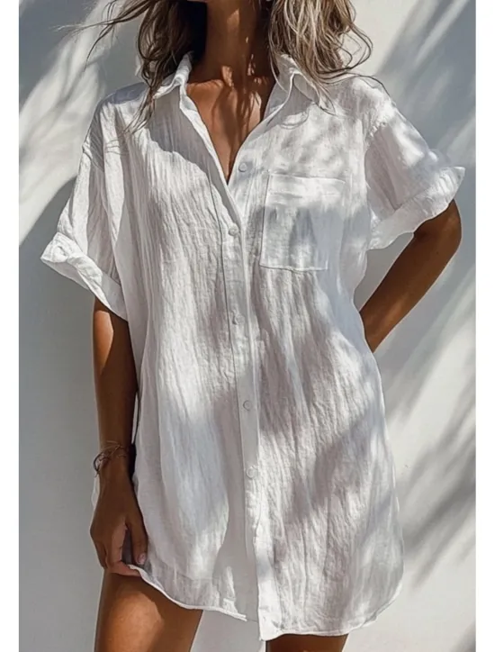 Women's Shirt Linen-Inspired Shirts Button Up Blouse Plain Basic Casual Short Sleeve Shirt Collar Long Tops Daily Holiday Buttons Pocket White Orange Green Apricot Light Blue Summer Women Shirts