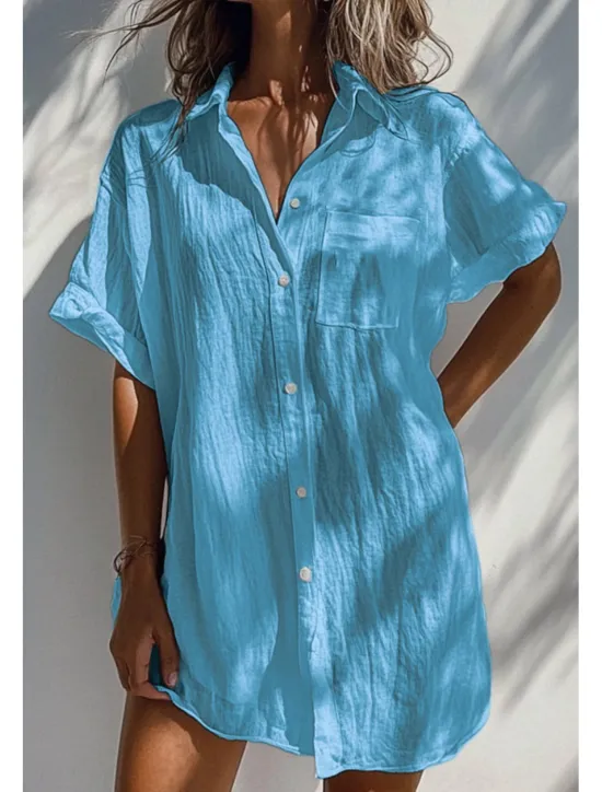 Women's Shirt Linen-Inspired Shirts Button Up Blouse Plain Basic Casual Short Sleeve Shirt Collar Long Tops Daily Holiday Buttons Pocket White Orange Green Apricot Light Blue Summer Women Shirts