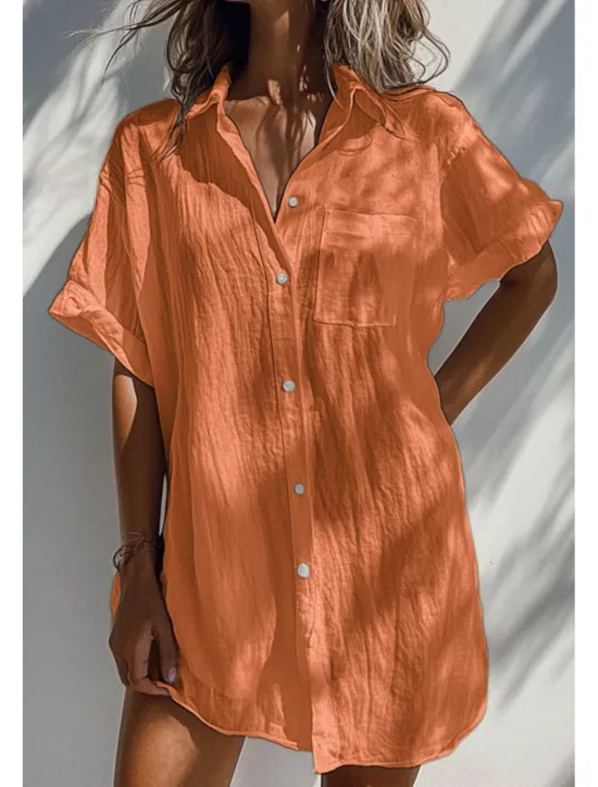 Women's Shirt Linen-Inspired Shirts Button Up Blouse Plain Basic Casual Short Sleeve Shirt Collar Long Tops Daily Holiday Buttons Pocket White Orange Green Apricot Light Blue Summer Women Shirts