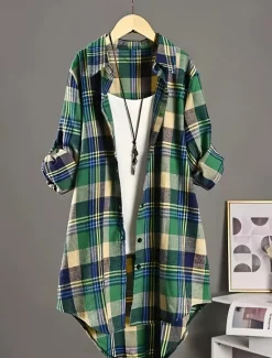 Best Women's Shirt Linen-Inspired Shirts Button Up Stripes and Plaid Daily Shirt Collar Daily Check Pattern Spring, Fall, Winter, Summer Women Shirts