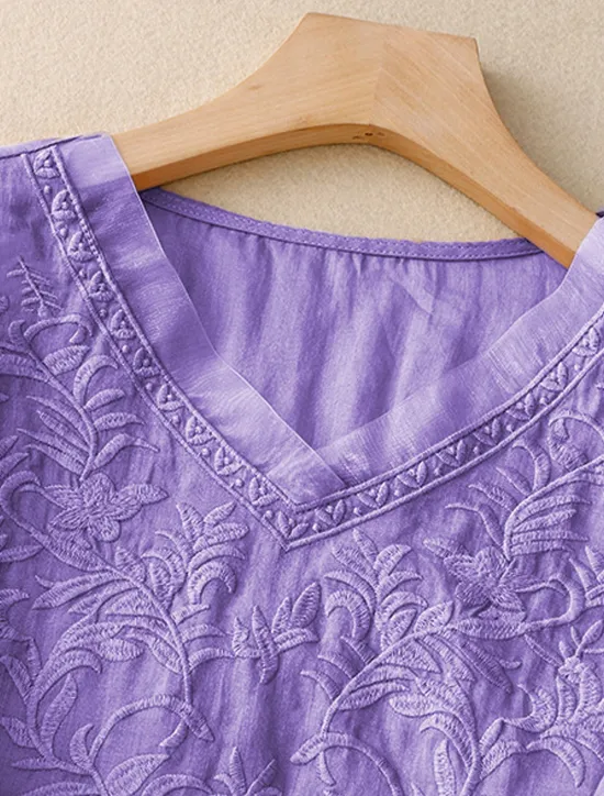 Women's Shirt Linen-Inspired Shirts Solid Color Floral Casual Boho 3/4 Length Sleeve Elbow Sleeve V Neck Regular Tops Vacation Party Daily Embroidered Autumn / Fall Spring & Summer Women Shirts