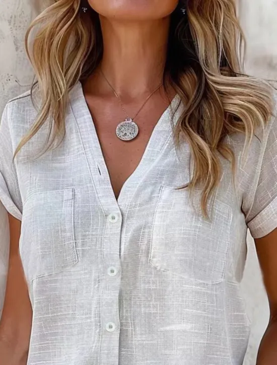 Women's Shirt Linen-Inspired Shirts Button Up Blouse Solid Color Stylish Casual Short Sleeve V Neck Regular Tops Daily Buttons Pocket Black White Pink Khaki Light Blue Summer Spring Women Shirts
