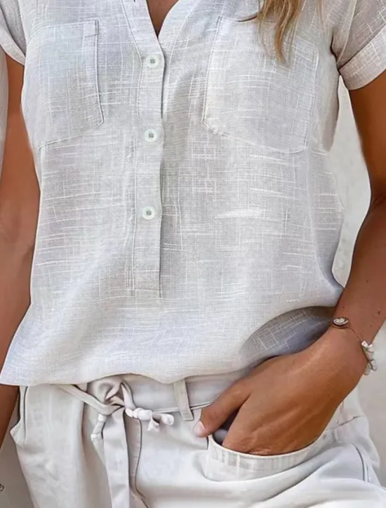 Women's Shirt Linen-Inspired Shirts Button Up Blouse Solid Color Stylish Casual Short Sleeve V Neck Regular Tops Daily Buttons Pocket Black White Pink Khaki Light Blue Summer Spring Women Shirts