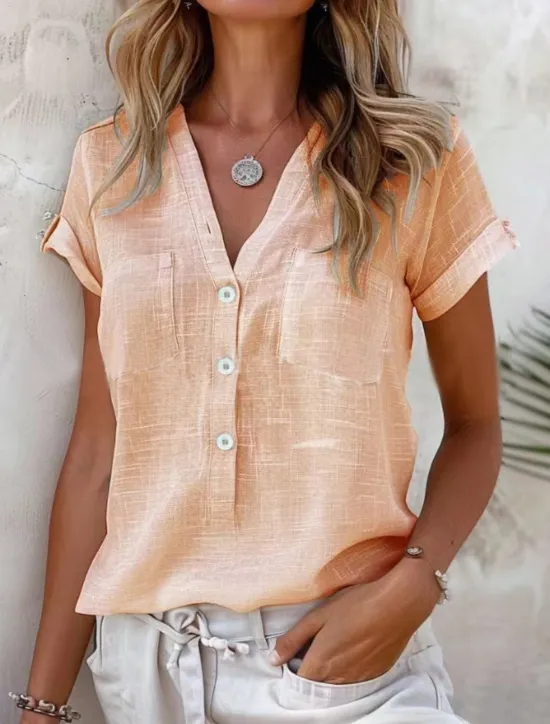 Women's Shirt Linen-Inspired Shirts Button Up Blouse Solid Color Stylish Casual Short Sleeve V Neck Regular Tops Daily Buttons Pocket Black White Pink Khaki Light Blue Summer Spring Women Shirts