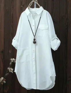 Online Women's Shirt Linen-Inspired Shirts Button Up Solid / Plain Color Daily Shirt Collar Daily Collared Shirts Spring, Fall, Winter, Summer Women Shirts
