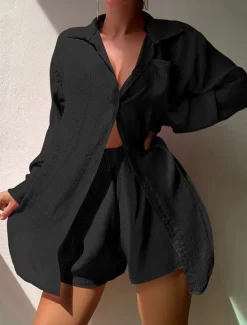New Women's Shirt Linen-Inspired Shirts Button Up Set Plain Fashion Shirt Collar Street Daily 2 Piece Black White Pink Green Summer Women Shirts