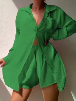 New Women's Shirt Linen-Inspired Shirts Button Up Set Plain Fashion Shirt Collar Street Daily 2 Piece Black White Pink Green Summer Women Shirts