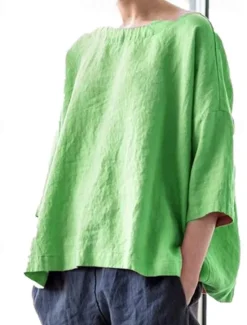 Discount Women's Shirt Linen-Inspired Shirts Blouse Plain Fashion Round Neck Street Daily Sexy Yellow Pink Blue Purple Green Summer Women Shirts