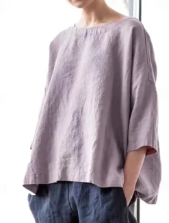 Discount Women's Shirt Linen-Inspired Shirts Blouse Plain Fashion Round Neck Street Daily Sexy Yellow Pink Blue Purple Green Summer Women Shirts