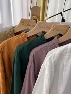 Online Women's Shirt Linen-Inspired Shirts Button Up Long Sleeve High Neck White Purple Orange Spring & Fall Women Shirts