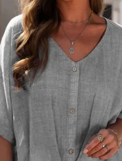 Hot Women's Shirt Linen-Inspired Shirts Button Up Blouse Solid Color Basic Casual 3/4 Length Sleeve V Neck Regular Tops Daily Buttons Summer Spring Women Shirts