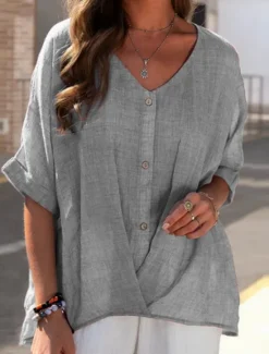 Hot Women's Shirt Linen-Inspired Shirts Button Up Blouse Solid Color Basic Casual 3/4 Length Sleeve V Neck Regular Tops Daily Buttons Summer Spring Women Shirts