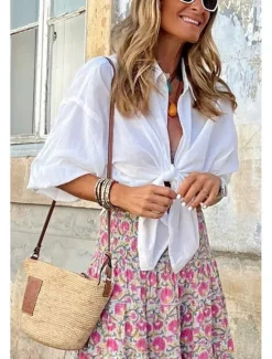Outlet Women's Shirt Linen-Inspired Shirts Button Up Blouse Plain Casual Half Sleeve Shirt Collar Regular Tops Daily Lace up Summer Women Shirts