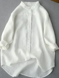 Sale Women's Shirt Linen-Inspired Shirts Button Up Daily Long Sleeve V Neck White Green Spring & Fall Women Shirts
