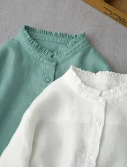 Sale Women's Shirt Linen-Inspired Shirts Button Up Daily Long Sleeve V Neck White Green Spring & Fall Women Shirts