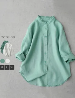 Sale Women's Shirt Linen-Inspired Shirts Button Up Daily Long Sleeve V Neck White Green Spring & Fall Women Shirts