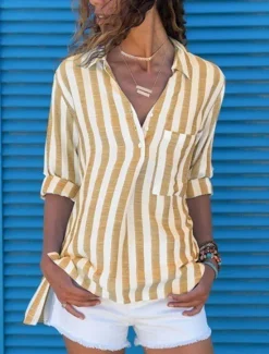 New Women's Shirt Linen-Inspired Shirts Button Up Blouse Striped Casual Long Sleeve V Neck Regular Tops Daily Buttons Pocket Print Yellow Pink Green Spring & Fall Women Shirts