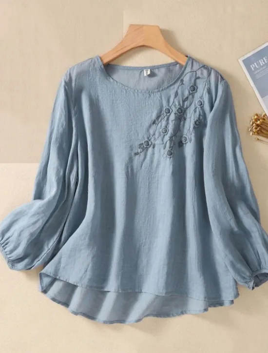 Outlet Women's Shirt Linen-Inspired Shirts Blouse Floral Stylish Casual Long Sleeve Crew Neck Regular Tops Daily Embroidered White Army Green Red Blue Summer Spring Fall Women Shirts|Spring Tops