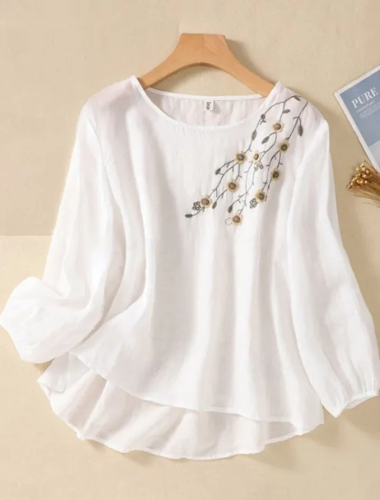 Outlet Women's Shirt Linen-Inspired Shirts Blouse Floral Stylish Casual Long Sleeve Crew Neck Regular Tops Daily Embroidered White Army Green Red Blue Summer Spring Fall Women Shirts|Spring Tops