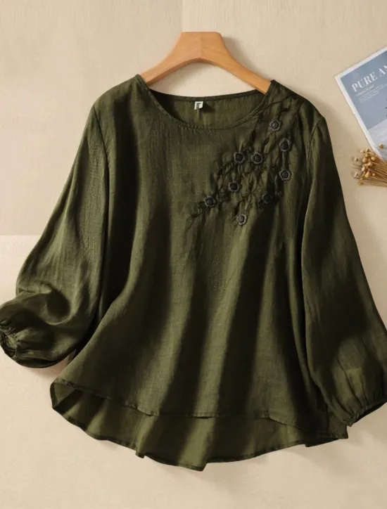Outlet Women's Shirt Linen-Inspired Shirts Blouse Floral Stylish Casual Long Sleeve Crew Neck Regular Tops Daily Embroidered White Army Green Red Blue Summer Spring Fall Women Shirts|Spring Tops