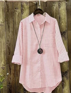 Outlet Women's Shirt Linen-Inspired Shirts Button Up Plaid / Check Daily Shirt Collar Daily Sexy Spring, Fall, Winter, Summer Women Shirts