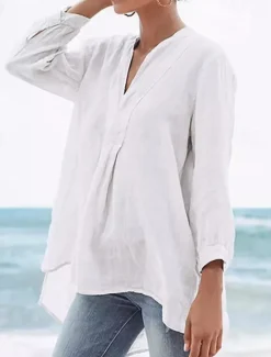 Online Women's Shirt Linen-Inspired Shirts Plain Daily Stylish Basic 3/4 Length Sleeve V Neck Regular Tops Work Daily Holiday Black White Beige Spring Fall Women Shirts