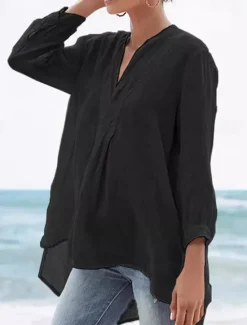 Online Women's Shirt Linen-Inspired Shirts Plain Daily Stylish Basic 3/4 Length Sleeve V Neck Regular Tops Work Daily Holiday Black White Beige Spring Fall Women Shirts