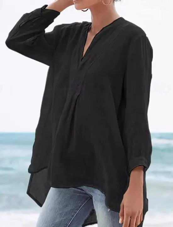Online Women's Shirt Linen-Inspired Shirts Plain Daily Stylish Basic 3/4 Length Sleeve V Neck Regular Tops Work Daily Holiday Black White Beige Spring Fall Women Shirts