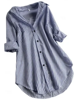 Hot Women's Shirt Linen-Inspired Shirts Button Up Blouse Striped Casual Long Sleeve Shirt Collar Long Tops Daily Buttons Print Black Pink Red Navy Blue Blue Spring & Fall Women Shirts