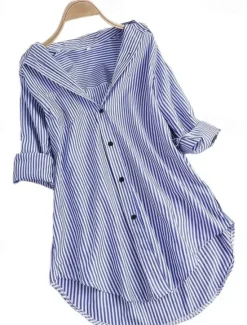 Hot Women's Shirt Linen-Inspired Shirts Button Up Blouse Striped Casual Long Sleeve Shirt Collar Long Tops Daily Buttons Print Black Pink Red Navy Blue Blue Spring & Fall Women Shirts