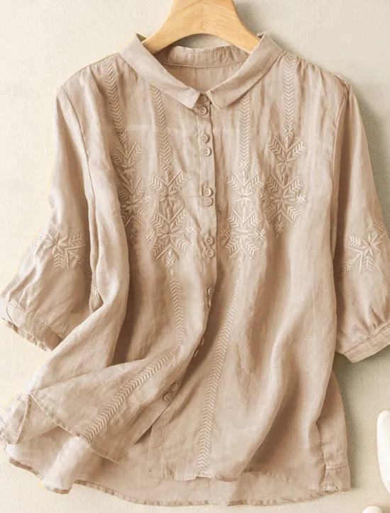 New Women's Shirt Linen-Inspired Shirts Button Up Solid Color Floral Casual Boho 3/4 Length Sleeve Elbow Sleeve Shirt Collar Regular Tops Daily Going out Embroidered Yellow Blue Purple Khaki Summer Women Shirts