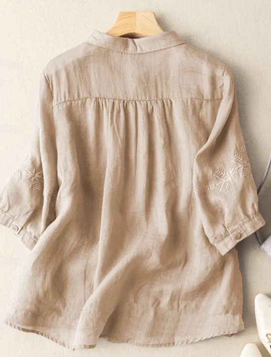 New Women's Shirt Linen-Inspired Shirts Button Up Solid Color Floral Casual Boho 3/4 Length Sleeve Elbow Sleeve Shirt Collar Regular Tops Daily Going out Embroidered Yellow Blue Purple Khaki Summer Women Shirts