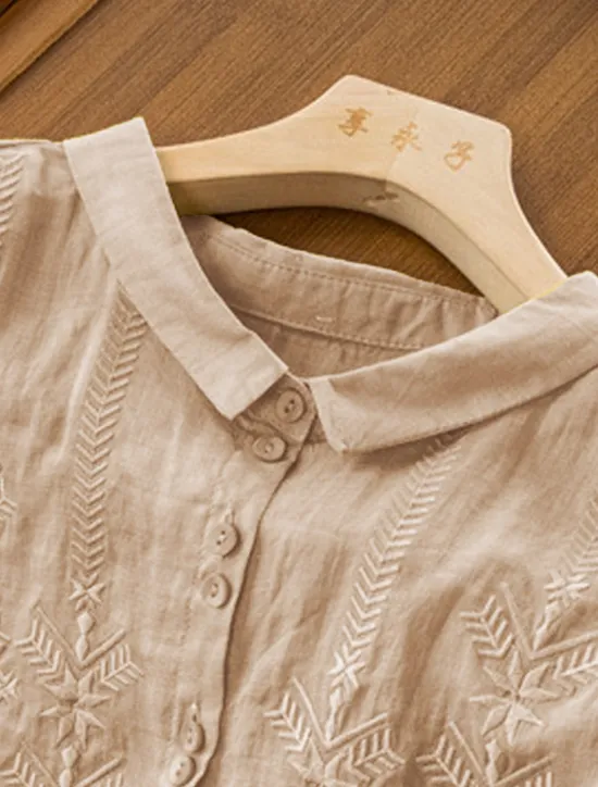 New Women's Shirt Linen-Inspired Shirts Button Up Solid Color Floral Casual Boho 3/4 Length Sleeve Elbow Sleeve Shirt Collar Regular Tops Daily Going out Embroidered Yellow Blue Purple Khaki Summer Women Shirts