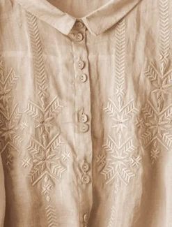 New Women's Shirt Linen-Inspired Shirts Button Up Solid Color Floral Casual Boho 3/4 Length Sleeve Elbow Sleeve Shirt Collar Regular Tops Daily Going out Embroidered Yellow Blue Purple Khaki Summer Women Shirts