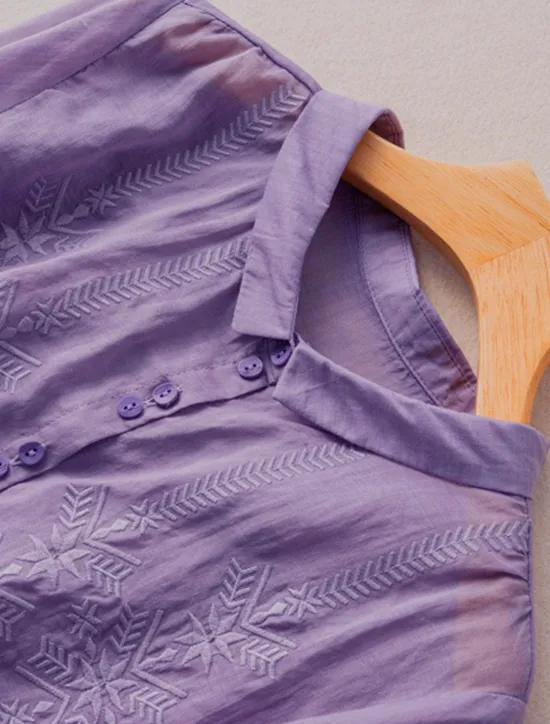 New Women's Shirt Linen-Inspired Shirts Button Up Solid Color Floral Casual Boho 3/4 Length Sleeve Elbow Sleeve Shirt Collar Regular Tops Daily Going out Embroidered Yellow Blue Purple Khaki Summer Women Shirts