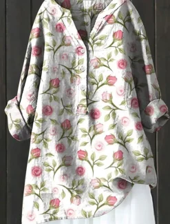 New Women's Shirt Linen-Inspired Shirts Long Sleeve V Neck Rose Pink Gray Spring Fall Women Shirts