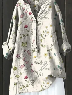 New Women's Shirt Linen-Inspired Shirts Long Sleeve V Neck Rose Pink Gray Spring Fall Women Shirts