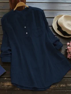New Women's Shirt Linen-Inspired Shirts Blouse Plain Basic Modern Long Sleeve V Neck Regular Tops Daily Going out Buttons Pocket White Pink Navy Blue Summer Women Shirts