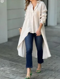 Outlet Women's Shirt Linen-Inspired Shirts Button Up Blouse Solid Color Elegant Daily Stylish Long Sleeve Shirt Collar Long Tops Work Daily Holiday Patchwork Buttons Red Blue Beige Gray Spring Fall Women Shirts