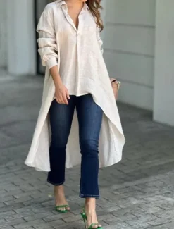 Outlet Women's Shirt Linen-Inspired Shirts Button Up Blouse Solid Color Elegant Daily Stylish Long Sleeve Shirt Collar Long Tops Work Daily Holiday Patchwork Buttons Red Blue Beige Gray Spring Fall Women Shirts