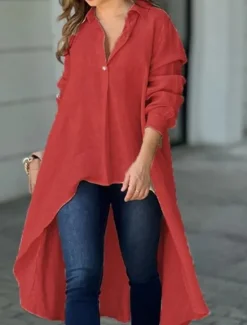 Outlet Women's Shirt Linen-Inspired Shirts Button Up Blouse Solid Color Elegant Daily Stylish Long Sleeve Shirt Collar Long Tops Work Daily Holiday Patchwork Buttons Red Blue Beige Gray Spring Fall Women Shirts