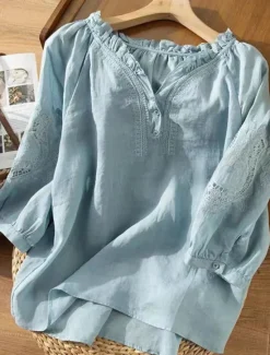 Online Women's Shirt Linen-Inspired Shirts Blouse Solid Color Stylish Casual 3/4 Length Sleeve V Neck Regular Tops Daily Ruffle Embroidered Buttons White Blue Summer Spring Fall Women Shirts