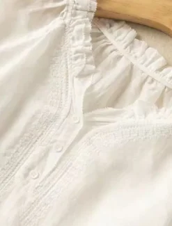 Online Women's Shirt Linen-Inspired Shirts Blouse Solid Color Stylish Casual 3/4 Length Sleeve V Neck Regular Tops Daily Ruffle Embroidered Buttons White Blue Summer Spring Fall Women Shirts