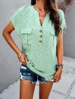 Clearance Women's Shirt Linen-Inspired Shirts Blouse Solid Color Stylish Casual Short Sleeve Notched Neck Regular Tops Daily Lace Patchwork Buttons Black White Wine Green Summer Spring Women Shirts