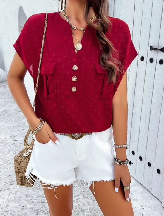 Clearance Women's Shirt Linen-Inspired Shirts Blouse Solid Color Stylish Casual Short Sleeve Notched Neck Regular Tops Daily Lace Patchwork Buttons Black White Wine Green Summer Spring Women Shirts