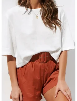 Discount Women's Shirt Linen-Inspired Shirts Button Up 3/4 Length Sleeve Crew Neck Summer Spring Fall Women Shirts