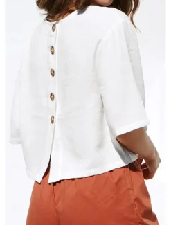 Discount Women's Shirt Linen-Inspired Shirts Button Up 3/4 Length Sleeve Crew Neck Summer Spring Fall Women Shirts